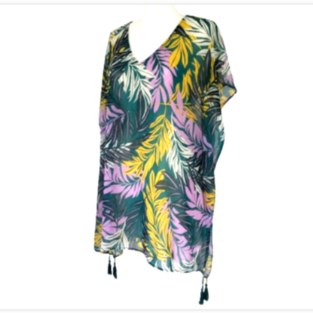 Palisades Swim Club Cover Up XS Green Tropical Palm Print Kaftan Tassel Hem NWT